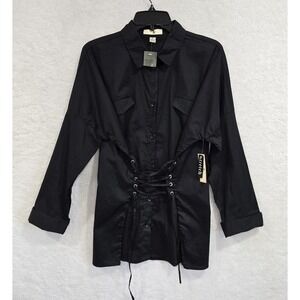 Iky & Me Women's Black Button-Up Shirt With Lace-up Corset-Style Size Medium NWT